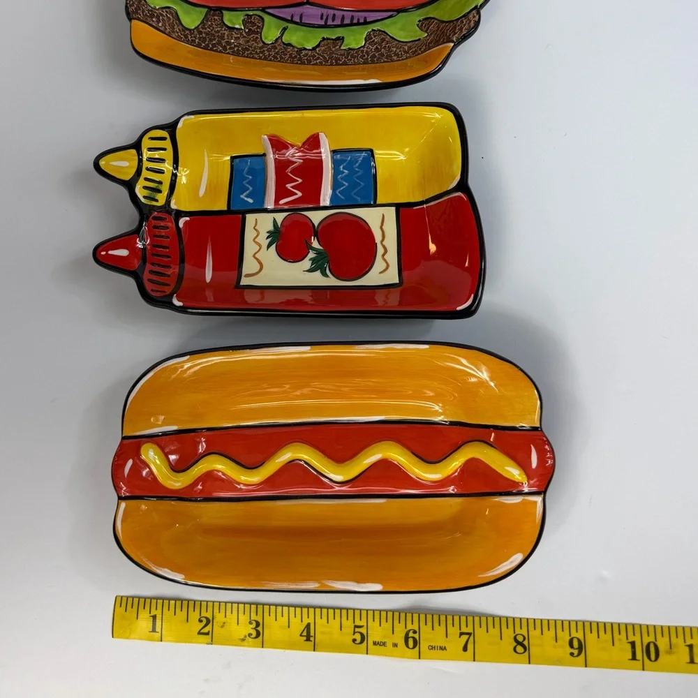 2007 Clay Art Grill Time Ceramic Hand Painted Colorful Hot Dog Condiment Plates